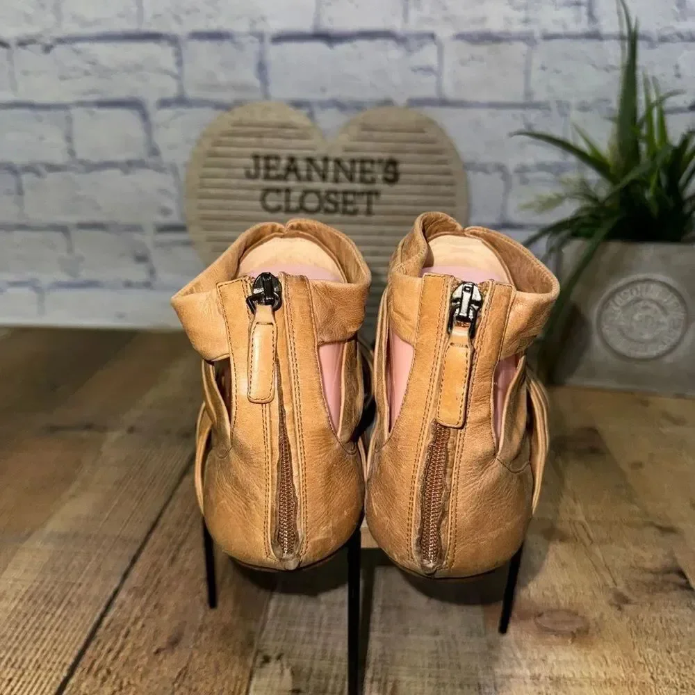 Prada Tan Pleated Leather Caged Flat Sandals Size 38.5